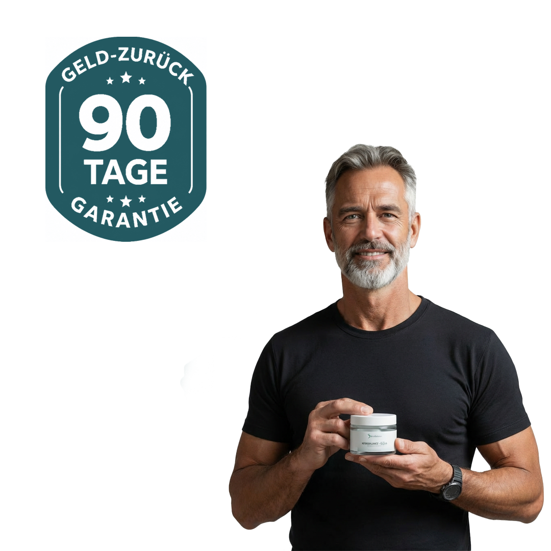 Mann mit KernBalance 40+ Dose neben dem Siegel 90 Tage Geld-zurueck-Garantie